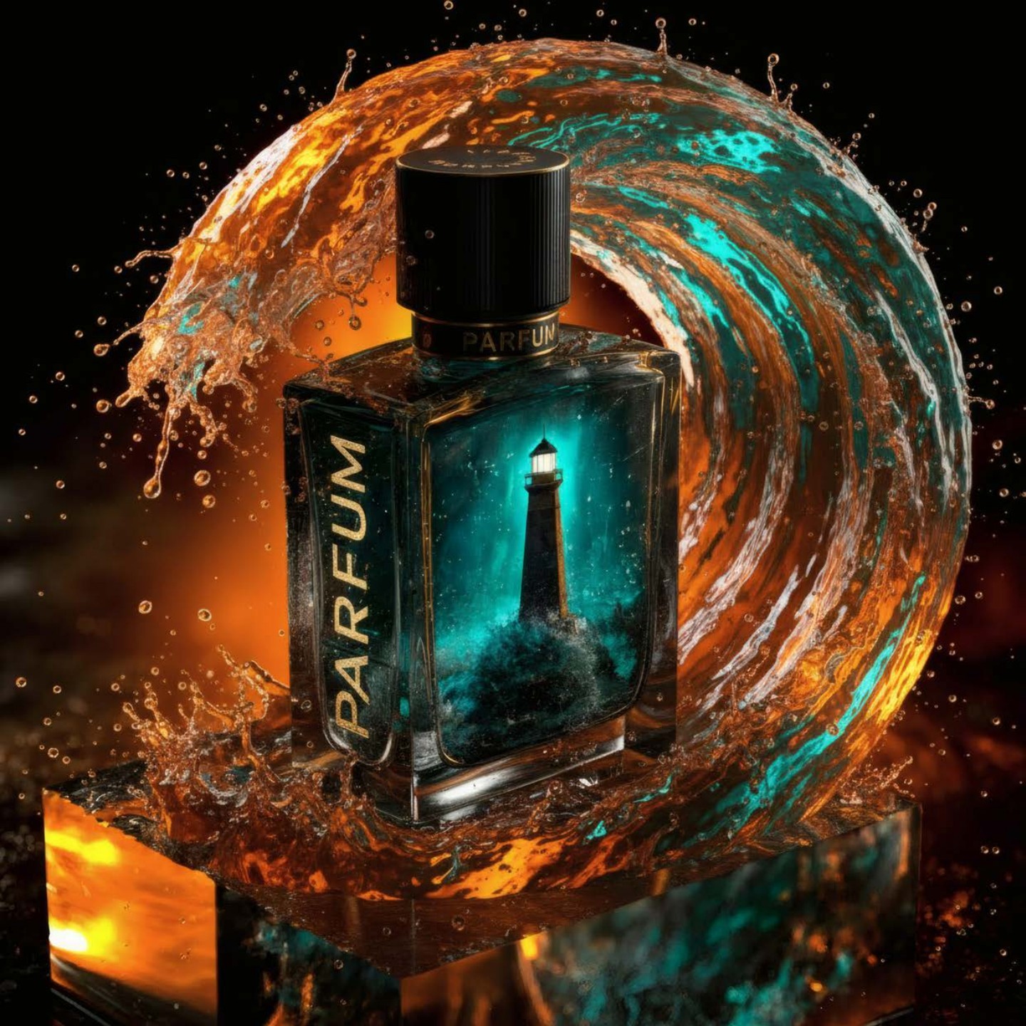 Concepto publicitario de un perfume rodeado por una ola de color